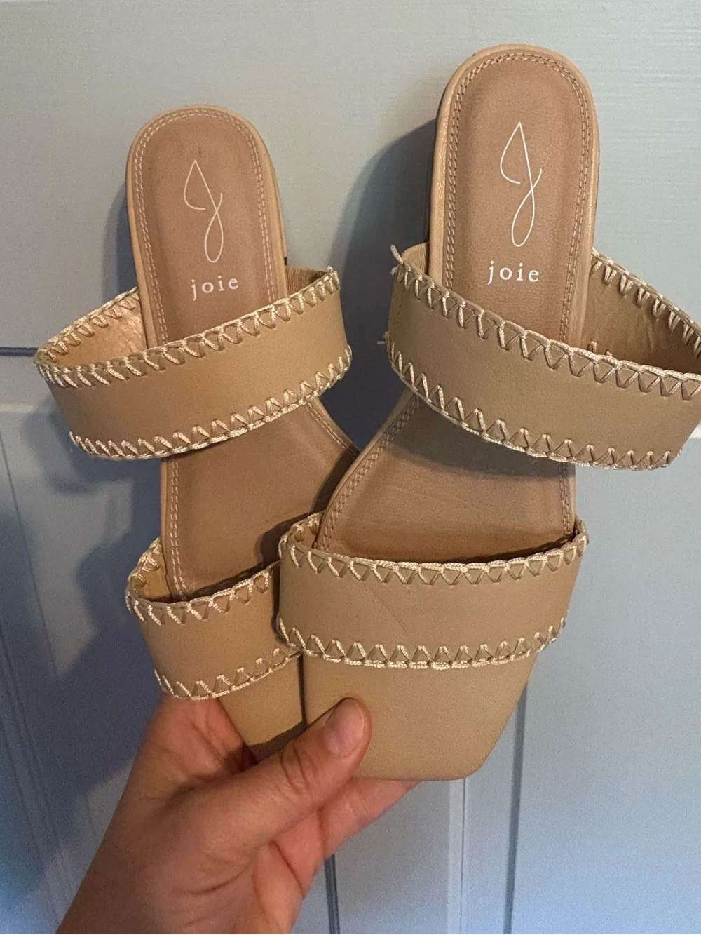 Joie Size 8 Beige Double-Strap Slide Sandals with Contrast Stitching